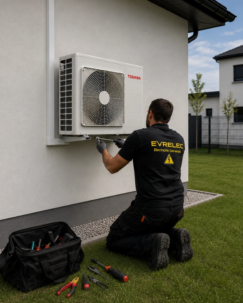 Électricien professionnel Evrelec qui installe une pompe à chaleur réversible pour une climatisation mono-split